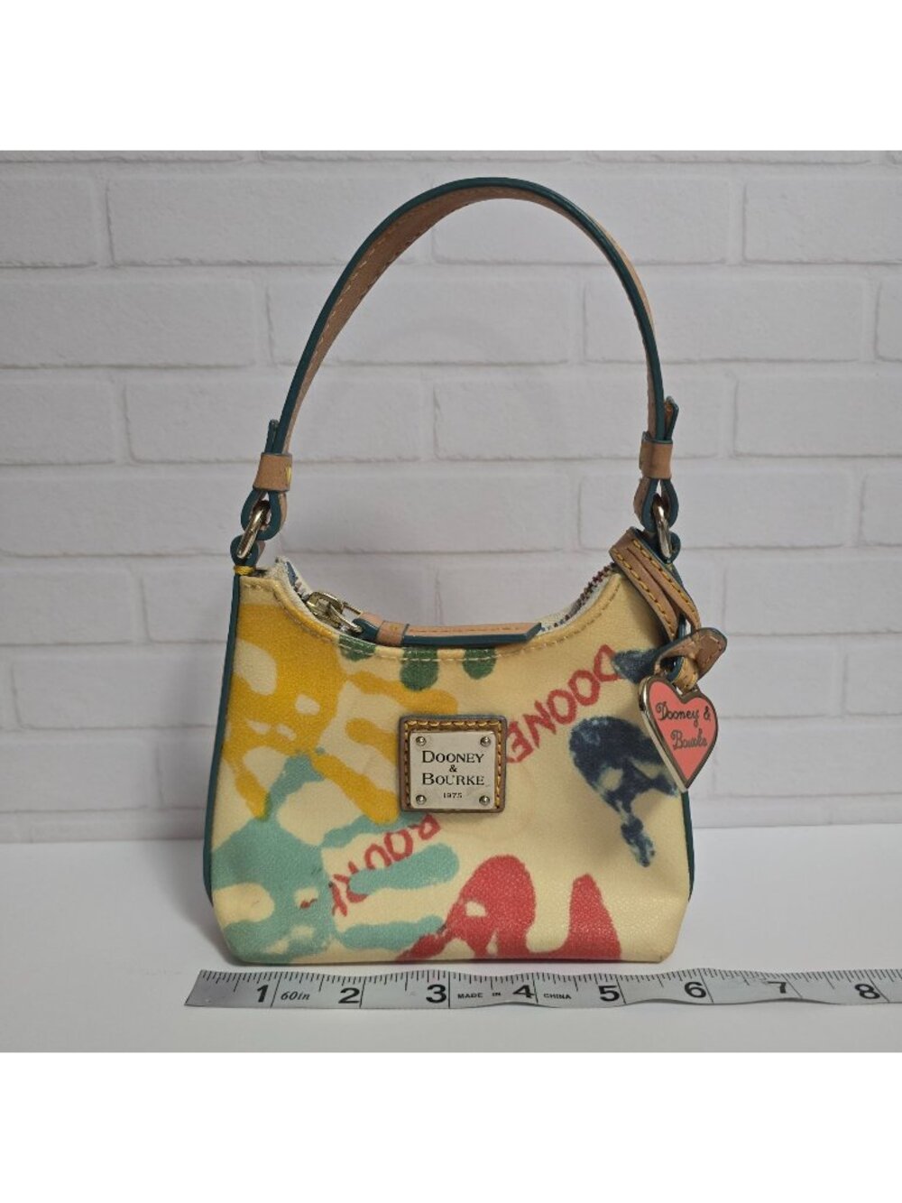 Vtg Y2K Dooney & Bourke Multicolor Graffiti Hand Print Bitsy Bag Heart Charm